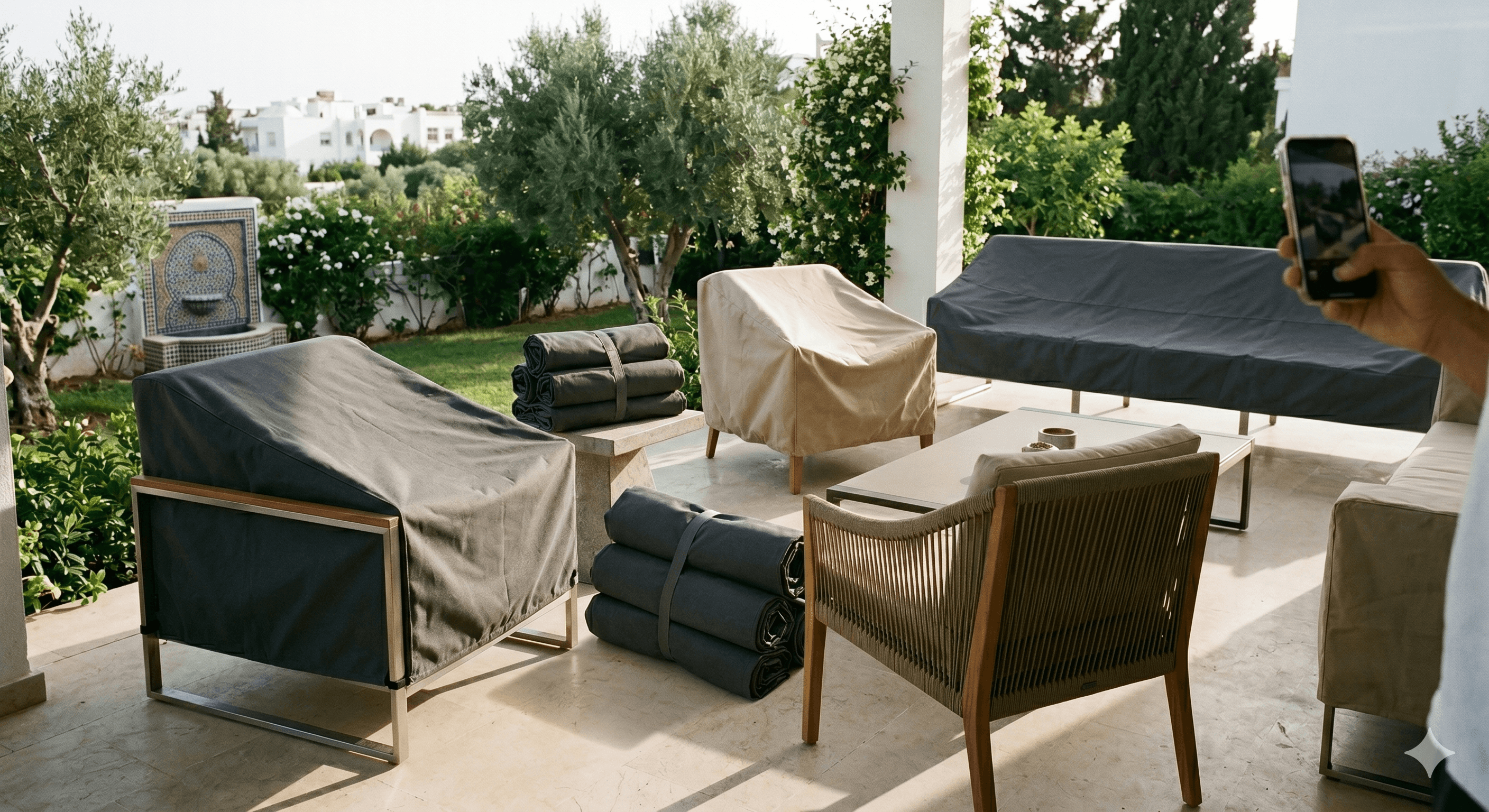 Fauteuils et assises exterieures proteges par des housses sur mesure